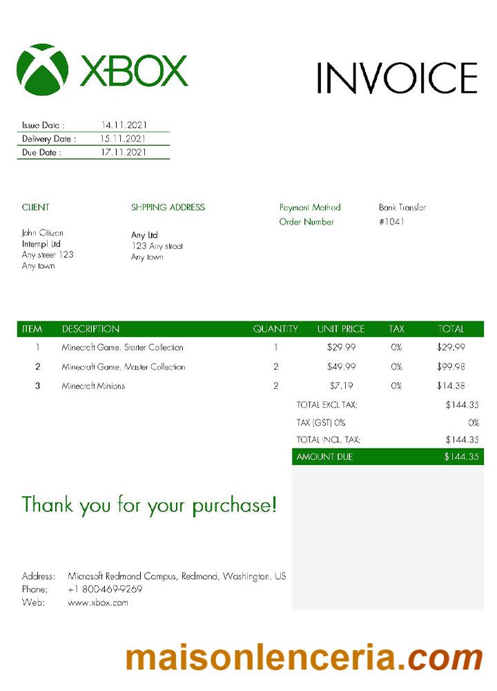 USA Xbox invoice template Word and PDF formats